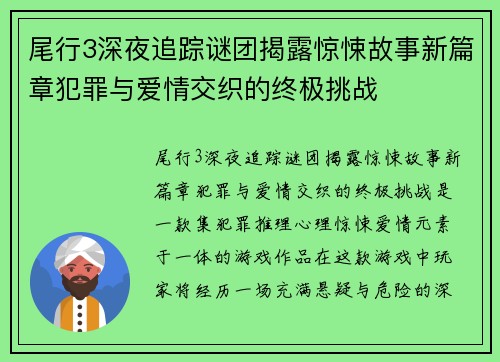 尾行3深夜追踪谜团揭露惊悚故事新篇章犯罪与爱情交织的终极挑战
