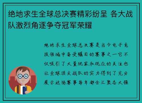 绝地求生全球总决赛精彩纷呈 各大战队激烈角逐争夺冠军荣耀